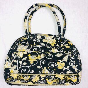 Vintage Vera Bradley Yellow Bird Bowler Black White Floral Tote Purse Handbag